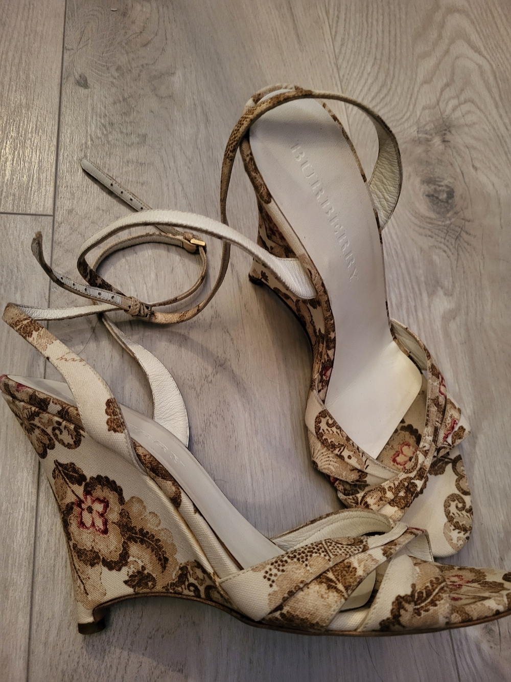 Burberry Cream and Brown Floral Wedge Sandals